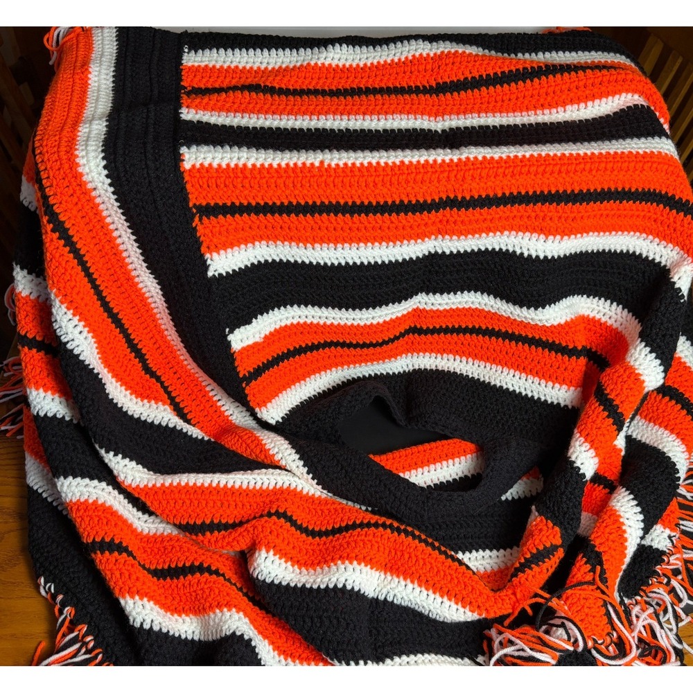 Handmade Crochet Poncho-Orange Black, White Striped, Fringe, Boho Wrap, One Size